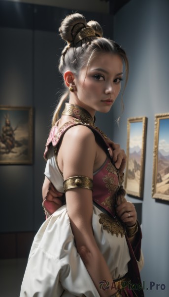 1girl,solo,long hair,breasts,looking at viewer,dress,bare shoulders,brown eyes,jewelry,standing,grey hair,earrings,small breasts,parted lips,sleeveless,indoors,hair bun,white dress,bracelet,from side,lips,grey eyes,sleeveless dress,single hair bun,ring,armlet,gold trim,realistic,nose,painting (object),updo,black hair,hair ornament,closed mouth,upper body,artist name,necklace,blurry,black eyes,looking to the side,chinese clothes,piercing,sunlight,ear piercing,freckles