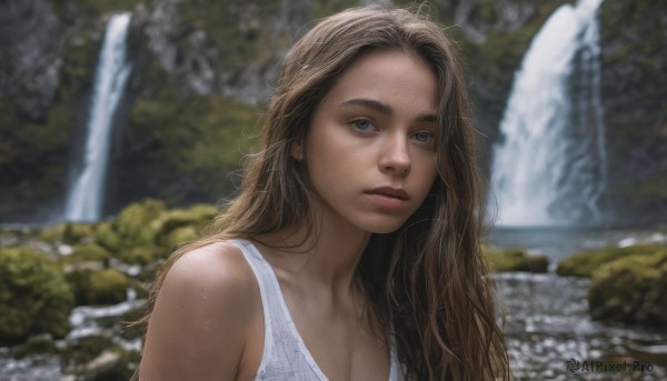 1girl, solo, long hair, breasts, looking at viewer, blue eyes, brown hair, cleavage, upper body, outdoors, water, blurry, lips, blurry background, freckles, realistic, nose, waterfall