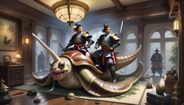 open mouth,brown hair,black hair,long sleeves,hat,holding,brown eyes,standing,weapon,male focus,boots,japanese clothes,multiple boys,horns,tongue,sword,indoors,2boys,tongue out,hair bun,holding weapon,armor,sash,window,facial hair,fangs,holding sword,table,single hair bun,katana,polearm,shoulder armor,sheath,bow (weapon),lantern,wooden floor,mustache,ninja,lamp,candle,japanese armor,architecture,east asian architecture,scroll,topknot,statue,painting (object),ceiling,board game,chandelier,long hair,gloves,sitting,tail,ponytail,fingerless gloves,hand on hip,book,animal,scar,beard,single horn,hands on hips,sheathed,scar across eye,dragon,scales,scabbard,arm guards,carpet,turtle,chest of drawers