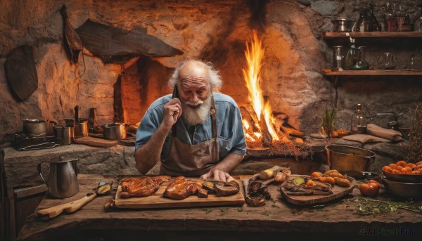 solo,shirt,1boy,closed eyes,upper body,white hair,short sleeves,grey hair,male focus,food,collared shirt,indoors,apron,cup,fruit,facial hair,table,bottle,fire,blue shirt,knife,beard,plate,sleeves rolled up,smoke,bowl,realistic,spoon,mustache,basket,carrot,bread,old,old man,cooking,meat,ladle,kitchen,fireplace,potato,cutting board,onion,tongs,holding,closed mouth,braid,alcohol,mug,bald,jar,tomato,vegetable,counter,wrinkled skin