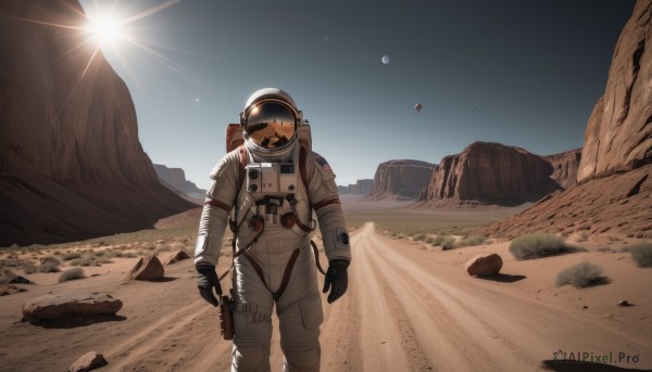 solo,brown hair,gloves,1boy,standing,weapon,male focus,outdoors,sky,black gloves,gun,moon,helmet,star (sky),scenery,facing viewer,1other,walking,science fiction,rock,mountain,sun,planet,ambiguous gender,spacesuit,desert,dust,space helmet,astronaut,1girl,day,blue sky,starry sky,flag,space,holster,thigh holster,earth (planet),american flag,spacecraft,debris,japanese flag