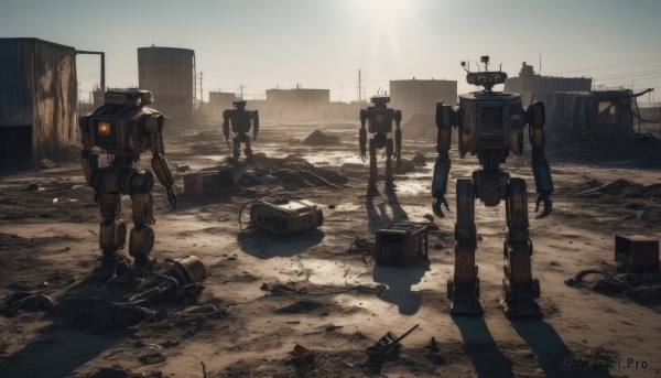 standing,weapon,outdoors,sky,day,gun,military,no humans,glowing,robot,building,scenery,mecha,motor vehicle,science fiction,city,realistic,cable,ruins,multiple others,damaged,non-humanoid robot,ground vehicle,military vehicle,car,desert,rubble,radio antenna,truck,crane (machine)