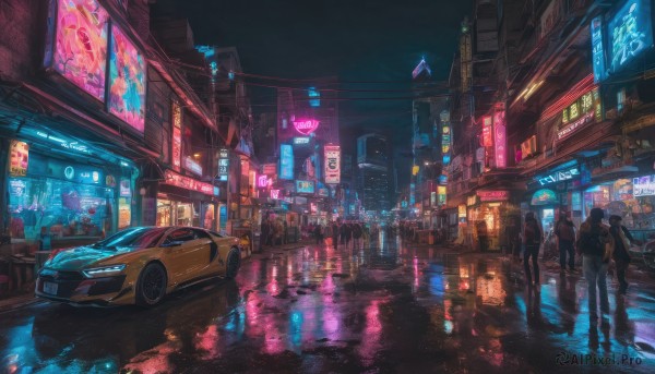 outdoors, multiple boys, night, ground vehicle, building, scenery, motor vehicle, reflection, science fiction, city, sign, car, road, cityscape, dark, street, skyscraper, city lights, cyberpunk, neon lights, vanishing point