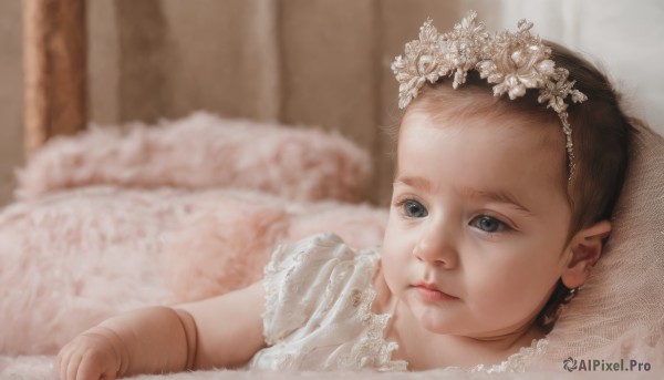 1girl,solo,looking at viewer,brown hair,hair ornament,dress,closed mouth,lying,indoors,white dress,blurry,black eyes,lips,pillow,bed,blurry background,on bed,on side,tiara,child,realistic,female child,doll joints,jewelry,grey eyes,veil,wedding dress,princess