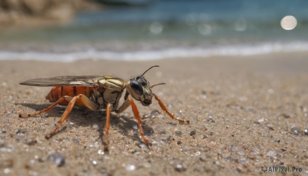 outdoors, wings, blurry, no humans, animal, moon, bug, robot, realistic, sand, antennae, desert