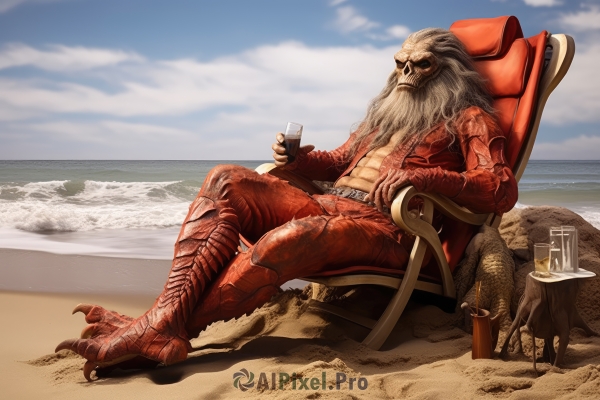 solo,1boy,holding,sitting,jacket,white hair,male focus,outdoors,open clothes,sky,day,belt,pants,cloud,water,open jacket,cup,blue sky,muscular,facial hair,ocean,animal,chair,beach,abs,sunglasses,holding cup,claws,beard,red jacket,alcohol,drinking glass,topless male,monster,dog,drinking straw,realistic,mustache,sand,drink,wine glass,old,red pants,old man,full body