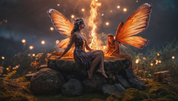 1girl,solo,long hair,breasts,black hair,hair ornament,dress,bare shoulders,jewelry,sitting,braid,flower,outdoors,wings,barefoot,solo focus,dark skin,necklace,blurry,feet,dark-skinned female,toes,night,depth of field,blurry background,blue dress,glowing,arm support,soles,bug,fire,nature,rock,fairy,butterfly wings,embers,multiple girls,2girls,cleavage,medium breasts,small breasts,pointy ears,artist name,nail polish,looking at another,makeup,minigirl,realistic,fantasy,fairy wings,head wreath,fireflies