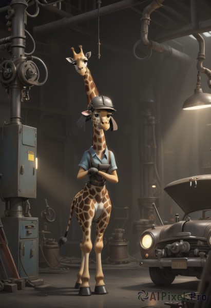 1girl,solo,looking at viewer,shirt,gloves,hat,holding,animal ears,standing,tail,full body,short sleeves,collared shirt,indoors,uniform,black eyes,helmet,blue shirt,robot,monster girl,ground vehicle,motor vehicle,furry,furry female,light,motorcycle,cow tail,snout,deer ears,hooves,tools,breasts,signature,vest,sunlight,baseball cap,watch,light rays,cable,taur,centauroid