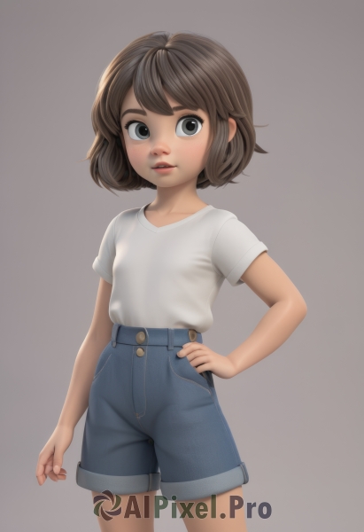 1girl,solo,breasts,looking at viewer,short hair,bangs,simple background,brown hair,shirt,brown eyes,standing,collarbone,white shirt,short sleeves,cowboy shot,small breasts,parted lips,shorts,teeth,grey background,black eyes,lips,hand on hip,short shorts,denim,t-shirt,child,arm at side,blue shorts,denim shorts,female child,shirt tucked in,high-waist shorts