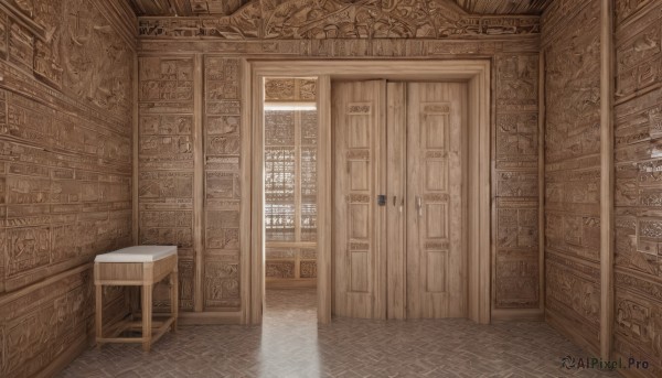 indoors,no humans,window,chair,table,sunlight,scenery,door,bookshelf,architecture,carpet,wooden floor,fantasy,tiles,tile floor,floor,cabinet,reflective floor,wooden chair