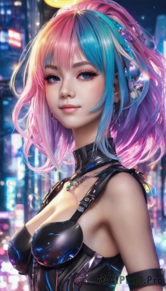 1girl,solo,long hair,breasts,looking at viewer,smile,short hair,bangs,blue eyes,hair ornament,cleavage,bare shoulders,jewelry,medium breasts,closed mouth,blue hair,upper body,pink hair,multicolored hair,earrings,outdoors,choker,shiny,artist name,medium hair,necklace,blurry,two-tone hair,lips,eyelashes,gradient hair,makeup,night,depth of field,blurry background,watermark,armlet,eyeshadow,pink lips,realistic,nose,arm strap,mascara,collarbone,sleeveless,signature,armor,from side,detached collar,light smile,building,night sky,web address,science fiction,shiny clothes,city,eyeliner,skyscraper,city lights,cyberpunk,boobplate