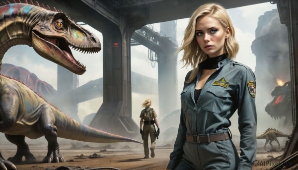 HQ,1girl,breasts,looking at viewer,short hair,blue eyes,blonde hair,gloves,1boy,cleavage,medium breasts,weapon,boots,teeth,belt,uniform,lips,gun,military,military uniform,fire,smoke,science fiction,monster,realistic,dragon,ruins,jumpsuit,alien,dinosaur,open mouth,jacket,yellow eyes,signature,scarf,denim,zipper,emblem,unzipped,leather,dirty,leather jacket,dirty face,lizard