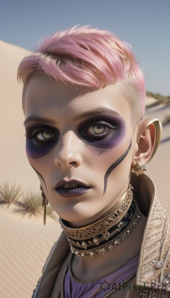 1girl,solo,looking at viewer,short hair,jewelry,green eyes,jacket,upper body,pink hair,earrings,parted lips,teeth,choker,necklace,lips,eyelashes,makeup,mask,piercing,lipstick,portrait,eyeshadow,realistic,nose,eyeliner,very short hair,undercut,purple lips,mascara,desert,black lips,yellow eyes,outdoors,artist name,signature,blurry,watermark,sunglasses,web address