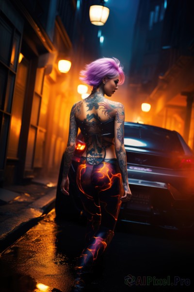 1girl,solo,looking at viewer,short hair,standing,full body,pink hair,purple hair,ass,outdoors,looking back,pants,dark skin,from behind,dark-skinned female,tattoo,night,back,topless,ground vehicle,motor vehicle,walking,city,car,road,arm tattoo,lamppost,street,back tattoo,full-body tattoo,jewelry,underwear,panties,closed eyes,weapon,earrings,blurry,lips,makeup,watermark,piercing,lipstick,thong,nose,cyberpunk,neon lights