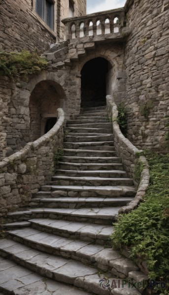 outdoors,sky,day,cloud,tree,no humans,plant,building,scenery,stairs,wall,ruins,pillar,arch,stone stairs,blue sky,window,grass,bush,architecture,statue,path,moss,stone,pavement,stone floor,stone wall