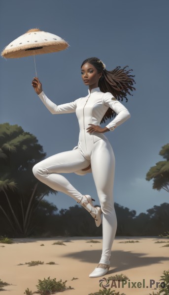 1girl,solo,long hair,breasts,smile,brown hair,hat,holding,brown eyes,standing,full body,small breasts,outdoors,sky,day,dark skin,dark-skinned female,tree,blue sky,lips,hand on hip,bodysuit,shadow,leg up,standing on one leg,realistic,nose,white bodysuit,very dark skin,dreadlocks,looking at viewer,black hair,high heels,umbrella,white footwear