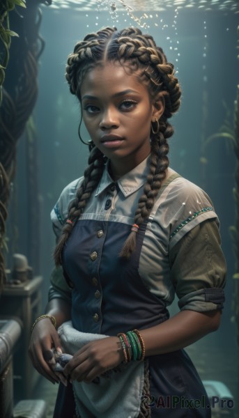 1girl,solo,long hair,breasts,looking at viewer,blue eyes,brown hair,shirt,black hair,dress,holding,brown eyes,jewelry,closed mouth,braid,short sleeves,cowboy shot,earrings,artist name,dark skin,water,blurry,apron,twin braids,bracelet,dark-skinned female,lips,buttons,watermark,sunlight,ring,freckles,bubble,hoop earrings,underwater,realistic,nose,air bubble,very dark skin,medium breasts,light rays,dreadlocks