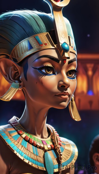 1girl,short hair,black hair,brown eyes,jewelry,closed mouth,blue hair,upper body,earrings,solo focus,pointy ears,dark skin,necklace,mole,blurry,dark-skinned female,lips,eyelashes,mole under eye,makeup,blurry background,facial mark,gem,portrait,eyeshadow,nose,eyeliner,egyptian clothes,solo,yellow eyes,artist name,official alternate costume,headdress,forehead jewel,egyptian