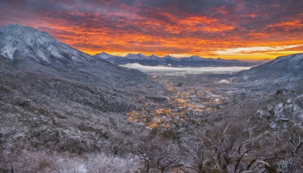 outdoors,sky,cloud,tree,no humans,cloudy sky,building,nature,scenery,snow,forest,sunset,mountain,horizon,bare tree,river,landscape,mountainous horizon,orange sky,red sky,signature,winter