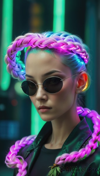 1girl,solo,long hair,looking at viewer,bangs,shirt,jewelry,closed mouth,blue hair,collarbone,jacket,upper body,pink hair,purple hair,braid,multicolored hair,earrings,open clothes,glasses,artist name,dark skin,blurry,twin braids,two-tone hair,open jacket,dark-skinned female,lips,black jacket,black shirt,eyelashes,makeup,blurry background,piercing,sunglasses,portrait,freckles,realistic,nose,round eyewear,stud earrings,blue eyes,hair ornament,signature,mole,gradient hair,alternate hairstyle,watermark,ear piercing,web address,forehead,zipper,neon lights,multiple braids