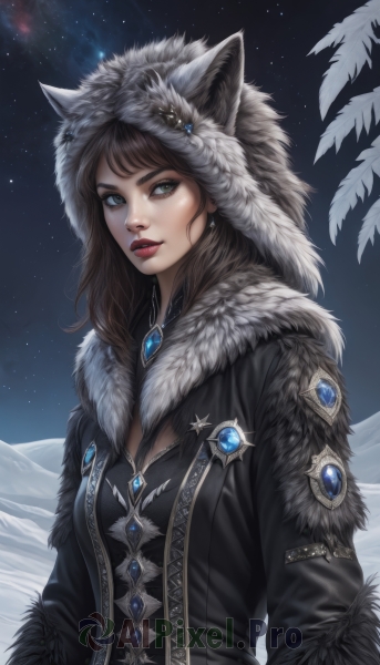 1girl,solo,long hair,breasts,looking at viewer,bangs,blue eyes,brown hair,long sleeves,animal ears,cleavage,jewelry,medium breasts,upper body,earrings,outdoors,parted lips,sky,artist name,signature,hood,tree,lips,coat,fur trim,eyelashes,makeup,night,lipstick,brooch,gem,star (sky),night sky,snow,hood up,starry sky,animal hood,mountain,nose,winter clothes,red lips,winter,pine tree,parka,aurora,brown eyes,green eyes,looking to the side,leaf