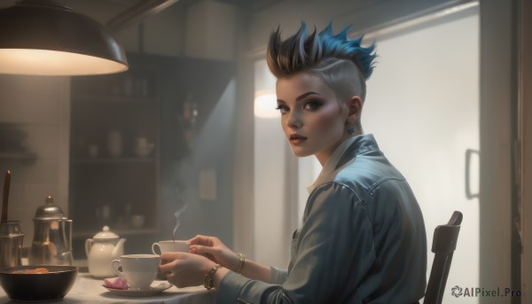 1girl,solo,looking at viewer,short hair,shirt,black hair,long sleeves,holding,brown eyes,jewelry,sitting,closed mouth,blue hair,jacket,upper body,multicolored hair,earrings,food,indoors,dark skin,blurry,bracelet,from side,two-tone hair,cup,lips,streaked hair,fingernails,eyelashes,makeup,blurry background,chair,table,ring,steam,holding cup,plate,teacup,bowl,mug,realistic,spoon,nose,teapot,very short hair,undercut,saucer,coffee,kitchen,mohawk,denim jacket,blue eyes,parted lips,nail polish,window,piercing,lipstick,ear piercing,watch,lamp