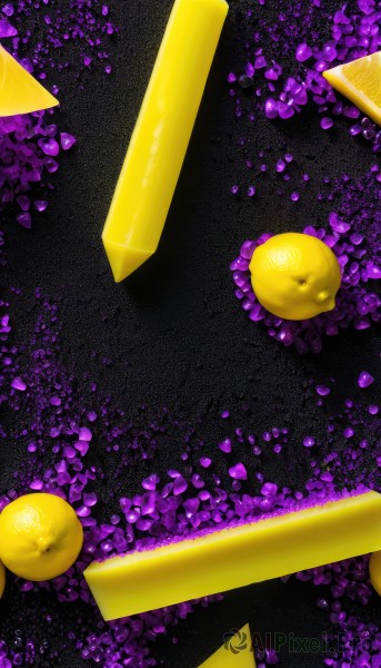 food,shiny,petals,no humans,fruit,glowing,from above,black background,gem,crystal,purple flower,purple theme,yellow theme,food focus,still life,purple gemstone,simple background,artist name,english text,light particles,purple background,apple,lemon