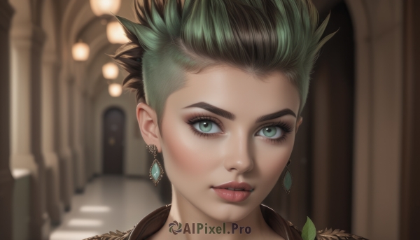 1girl,solo,looking at viewer,short hair,black hair,jewelry,green eyes,multicolored hair,earrings,parted lips,green hair,indoors,blurry,two-tone hair,lips,eyelashes,makeup,depth of field,blurry background,lipstick,portrait,close-up,realistic,nose,red lips,undercut,mascara,leaf