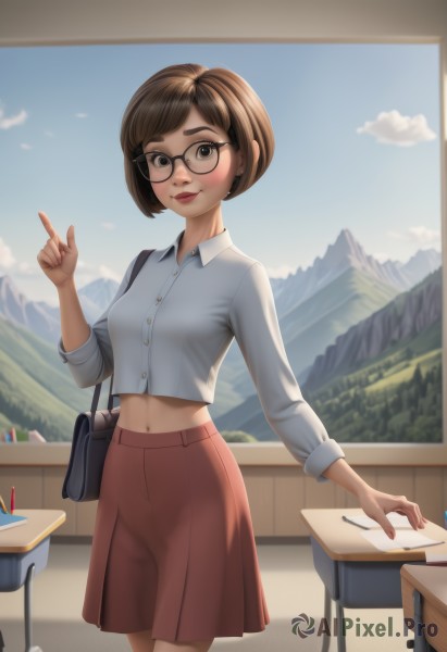 1girl,solo,breasts,looking at viewer,blush,smile,short hair,bangs,skirt,brown hair,shirt,long sleeves,navel,brown eyes,closed mouth,school uniform,standing,white shirt,cowboy shot,pleated skirt,small breasts,sky,glasses,day,midriff,collared shirt,artist name,cloud,indoors,hand up,stomach,bag,blue sky,lips,crop top,window,dress shirt,buttons,swept bangs,red skirt,chair,curtains,index finger raised,desk,freckles,black-framed eyewear,school bag,mountain,nose,round eyewear,classroom,school desk,pencil,school chair,mountainous horizon,eraser,pencil case,medium breasts,outdoors,bob cut,thick eyebrows,lipstick,pointing