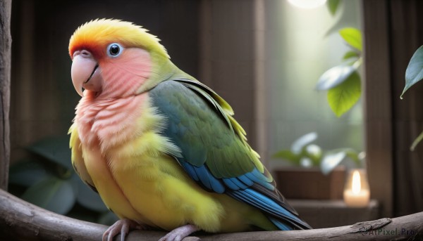 HQ,solo,blue eyes,closed mouth,wings,indoors,blurry,black eyes,from side,no humans,window,depth of field,blurry background,bird,animal,leaf,feathers,plant,rain,realistic,animal focus,beak,parrot,looking at viewer,sitting,outdoors,branch