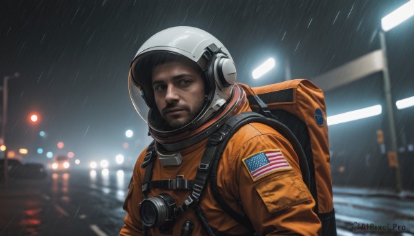 solo,looking at viewer,brown hair,1boy,brown eyes,closed mouth,upper body,male focus,outdoors,sky,bag,blurry,night,depth of field,blurry background,facial hair,backpack,helmet,beard,rain,realistic,lamppost,american flag,union jack,japanese flag,united states,astronaut,jacket,science fiction,spacesuit,space helmet