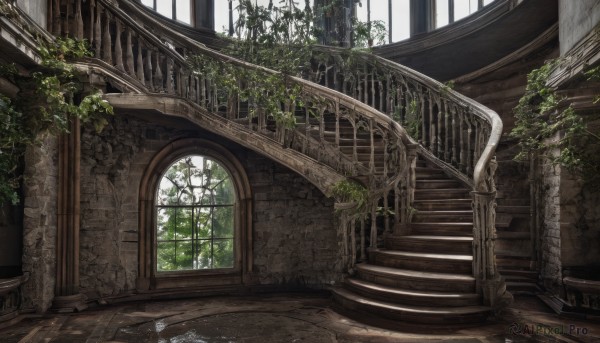 outdoors,day,indoors,signature,tree,no humans,window,sunlight,plant,scenery,stairs,railing,ruins,vines,pillar,arch,moss,overgrown,column,fantasy,architecture