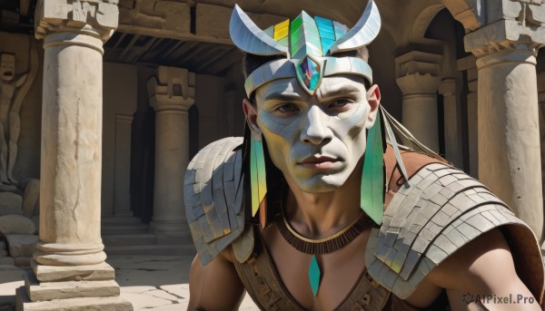 solo,looking at viewer,1boy,brown eyes,jewelry,closed mouth,upper body,male focus,earrings,dark skin,necklace,armor,tattoo,muscular,dark-skinned male,shoulder armor,pauldrons,shoulder pads,pillar,statue,egyptian clothes,column,long hair,white hair,black eyes,official alternate costume,facial mark,headdress,facepaint