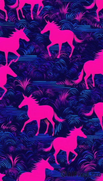 from side,no humans,animal,grass,walking,running,riding,animal focus,horse,artist name,signature,blue theme,limited palette,pink theme,purple theme,colorful,abstract