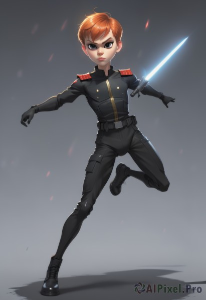 1girl,solo,looking at viewer,short hair,gloves,standing,full body,weapon,boots,black gloves,belt,sword,black footwear,orange hair,uniform,black eyes,lips,military,military uniform,makeup,shadow,standing on one leg,energy sword,lightsaber,brown hair,1boy,male focus,red hair,child,science fiction,animification