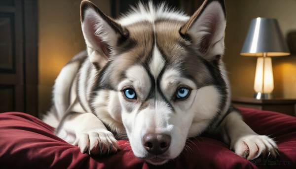 HQ,looking at viewer,blue eyes,lying,indoors,blurry,pillow,no humans,bed,depth of field,blurry background,pov,animal,cat,realistic,lamp,animal focus,whiskers,solo,on bed,on stomach,dog,door