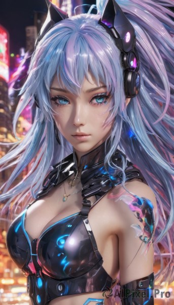 1girl,solo,long hair,breasts,looking at viewer,bangs,blue eyes,animal ears,cleavage,bare shoulders,jewelry,medium breasts,closed mouth,blue hair,upper body,ponytail,multicolored hair,earrings,outdoors,elbow gloves,shiny,cat ears,necklace,blurry,lips,eyelashes,tattoo,blurry background,fake animal ears,headgear,headphones,science fiction,animal ear headphones,cat ear headphones,mechanical ears,large breasts,sidelocks,midriff,aqua eyes,crop top,shiny skin,makeup,night,expressionless,building,shiny clothes,city,realistic,nose,cityscape,arm tattoo,shoulder tattoo,bustier,city lights,cyberpunk