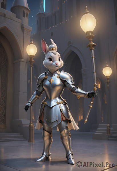 1girl,solo,thighhighs,holding,animal ears,closed mouth,standing,full body,weapon,boots,outdoors,artist name,signature,armor,rabbit ears,black eyes,night,shoulder armor,gauntlets,building,fishnets,furry,pauldrons,rabbit,breastplate,city,mouse ears,rabbit girl,furry female,armored dress,vambraces,armored boots,greaves,lamppost,faulds,knight,full armor,whiskers,chainmail,plate armor,boobplate,looking at viewer,smile,hair ornament,sky,sword,holding weapon,bell,holding sword,night sky,stairs,white fur,arch