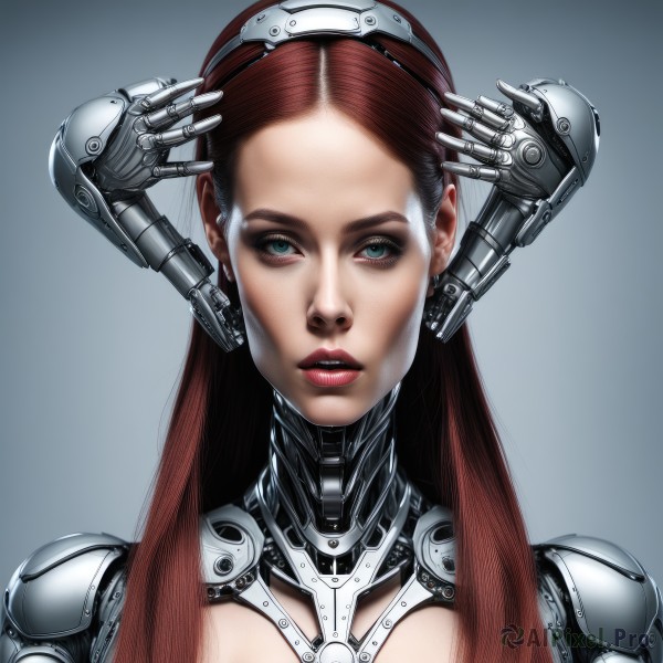 1girl,solo,long hair,breasts,looking at viewer,blue eyes,simple background,brown hair,green eyes,upper body,red hair,parted lips,grey background,lips,makeup,lipstick,portrait,forehead,science fiction,realistic,nose,android,mechanical arms,cyborg,single mechanical arm,cyberpunk,teeth,headgear,mechanical parts