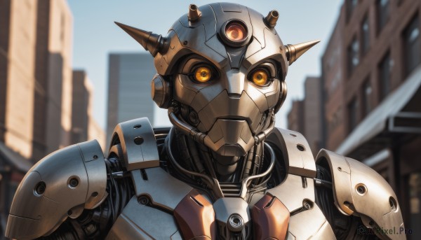 solo,looking at viewer,1boy,upper body,male focus,outdoors,horns,day,blurry,orange eyes,no humans,blurry background,robot,building,portrait,mecha,science fiction,city,straight-on,looking ahead,humanoid robot,yellow eyes,sky,blue sky,single horn,close-up,robot joints