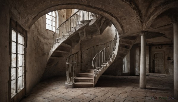 outdoors,day,indoors,dutch angle,no humans,window,sunlight,building,scenery,stairs,door,railing,architecture,ruins,pillar,hallway,arch,column,monochrome,plant,gate,stone floor