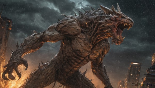 A stunning portrayal of a monster in a breathtaking rainy outdoors