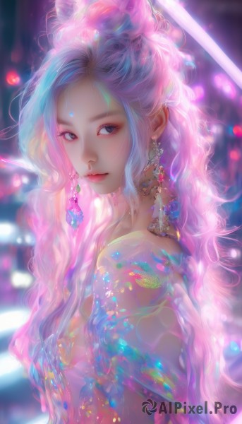 1girl,solo,long hair,breasts,looking at viewer,blue eyes,hair ornament,jewelry,closed mouth,upper body,pink hair,multicolored hair,earrings,hair bun,blurry,from side,lips,see-through,looking to the side,grey eyes,makeup,blurry background,wavy hair,facial mark,gem,crystal,bare shoulders,blue hair,purple hair,artist name,eyelashes,gradient hair,depth of field,forehead mark,realistic,nose,bokeh