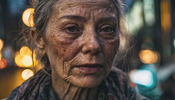 1girl,solo,looking at viewer,short hair,1boy,closed mouth,grey hair,male focus,parted lips,scarf,blurry,black eyes,lips,depth of field,blurry background,portrait,realistic,old,old man,bokeh,old woman,wrinkled skin,smile,outdoors,night,facial hair