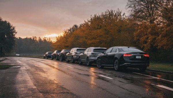 outdoors,sky,cloud,tree,no humans,ground vehicle,nature,scenery,motor vehicle,forest,sunset,car,road,vehicle focus,sports car,reflection,realistic,evening