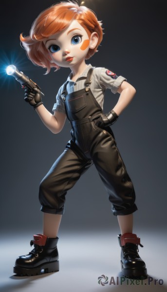 1girl,solo,looking at viewer,short hair,blue eyes,simple background,shirt,gloves,holding,closed mouth,standing,full body,weapon,short sleeves,boots,shoes,black gloves,pants,black footwear,holding weapon,orange hair,lips,hand on hip,gun,makeup,shadow,blush stickers,suspenders,lipstick,child,holding gun,handgun,freckles,hand in pocket,red lips,overalls,badge,parted lips,bandaid on face