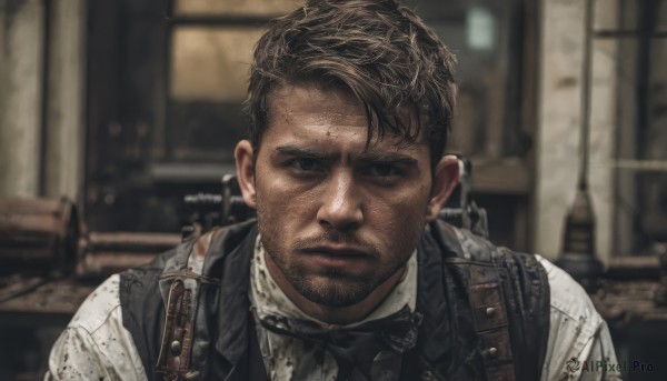 solo,looking at viewer,short hair,brown hair,shirt,black hair,1boy,bow,jewelry,closed mouth,white shirt,upper body,weapon,male focus,earrings,collared shirt,indoors,dark skin,bowtie,blurry,black eyes,vest,gun,black bow,blurry background,facial hair,dark-skinned male,thick eyebrows,portrait,beard,black bowtie,realistic,stubble,dirty,brown eyes,black vest,mature male,holster,undercut,photo background,holstered weapon