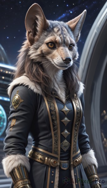 1girl,solo,long hair,looking at viewer,brown hair,gloves,long sleeves,animal ears,brown eyes,closed mouth,standing,jacket,yellow eyes,cowboy shot,outdoors,sky,belt,artist name,signature,coat,fur trim,night,animal,gauntlets,star (sky),night sky,furry,buckle,starry sky,black coat,furry female,arms at sides,whiskers,breasts,pants,blurry,black jacket,blurry background