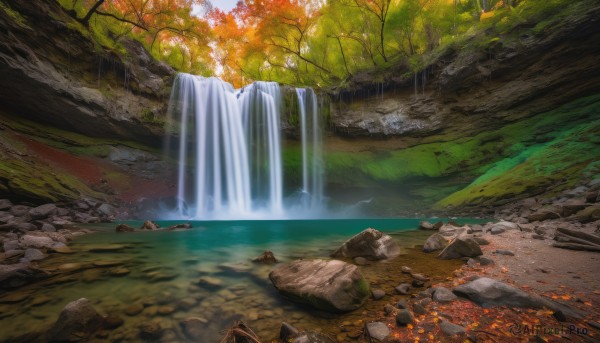 outdoors, day, water, tree, no humans, leaf, sunlight, nature, scenery, forest, rock, autumn leaves, river, autumn, waterfall