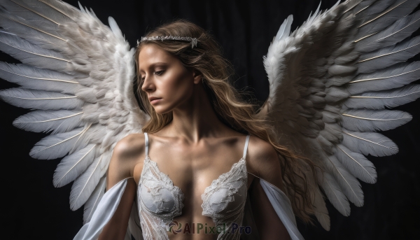 1girl,solo,long hair,breasts,blonde hair,simple background,brown hair,bare shoulders,medium breasts,collarbone,closed eyes,upper body,wings,lips,black background,feathered wings,angel wings,realistic,white wings,angel,blue eyes,dress,cleavage,looking to the side,looking away,lingerie,tiara,breasts apart,circlet